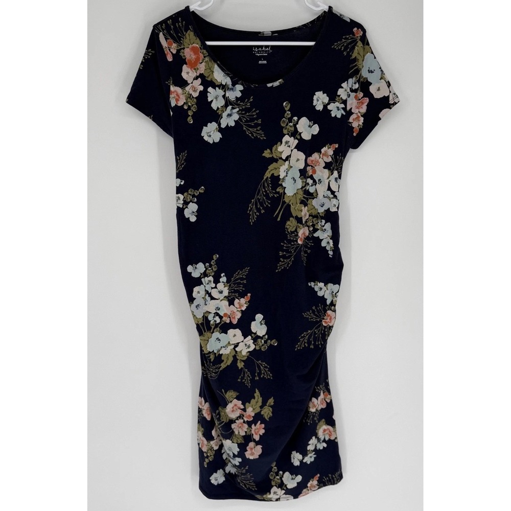 Isabel Maternity Dress Women's Large Navy Blue Ruched Bodycon Floral Cottagecore